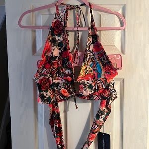 Multi tattoo print slinky plunge o-ring bralette